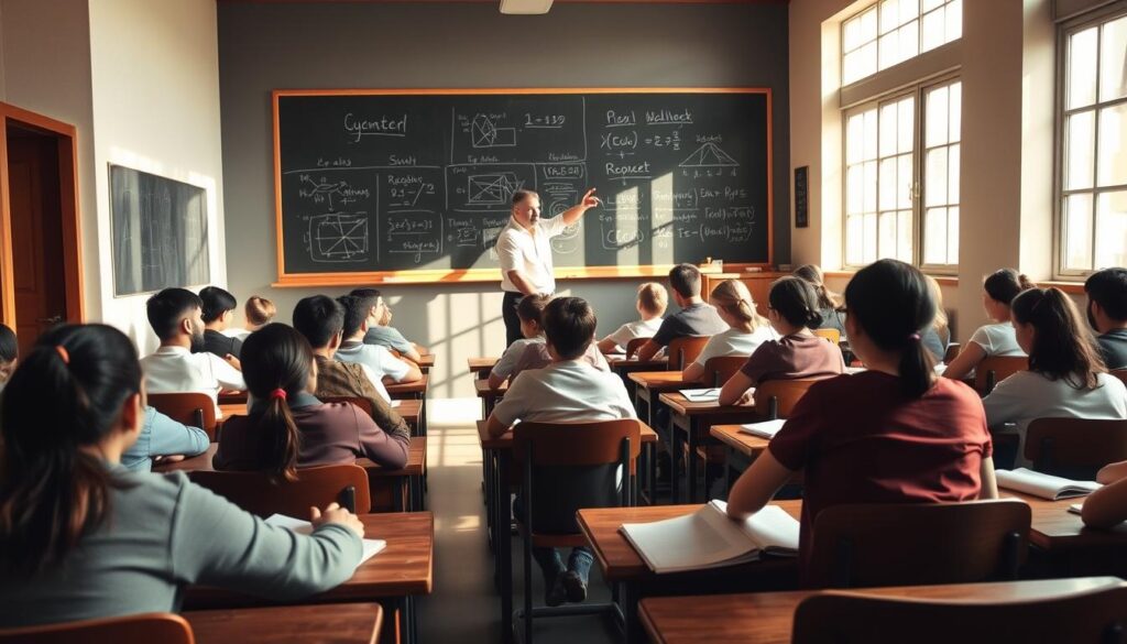 A brightly lit classroom with rows of wooden desks, each occupied by a student intently focused on their learning materials. The teacher, standing at the front of the room, gestures towards a chalkboard filled with detailed diagrams and equations. Sunlight streams in through large windows, casting a warm, natural glow over the scene. The students' expressions convey a sense of diligence and intellectual engagement, immersed in the traditional methods of teacher-led instruction and textbook-based learning. The atmosphere is one of quiet concentration, with the faint sound of chalk scratching against the board echoing throughout the space.