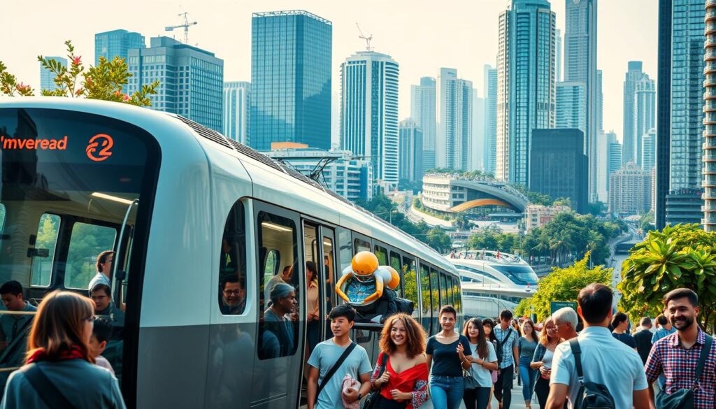 A bustling urban scene, with a sleek, modern public transit train gliding effortlessly through the city. The train's aerodynamic design and electric powertrain emit no emissions, while its well-lit interior invites commuters to relax and enjoy the ride. In the foreground, a group of passengers board the train, their faces reflecting a sense of convenience and environmental responsibility. The cityscape in the background features towering skyscrapers, lush greenery, and clean, sustainable infrastructure, creating an atmosphere of progress and ecological harmony. Warm, natural lighting casts a welcoming glow over the entire scene, emphasizing the eco-friendly nature of public transportation.