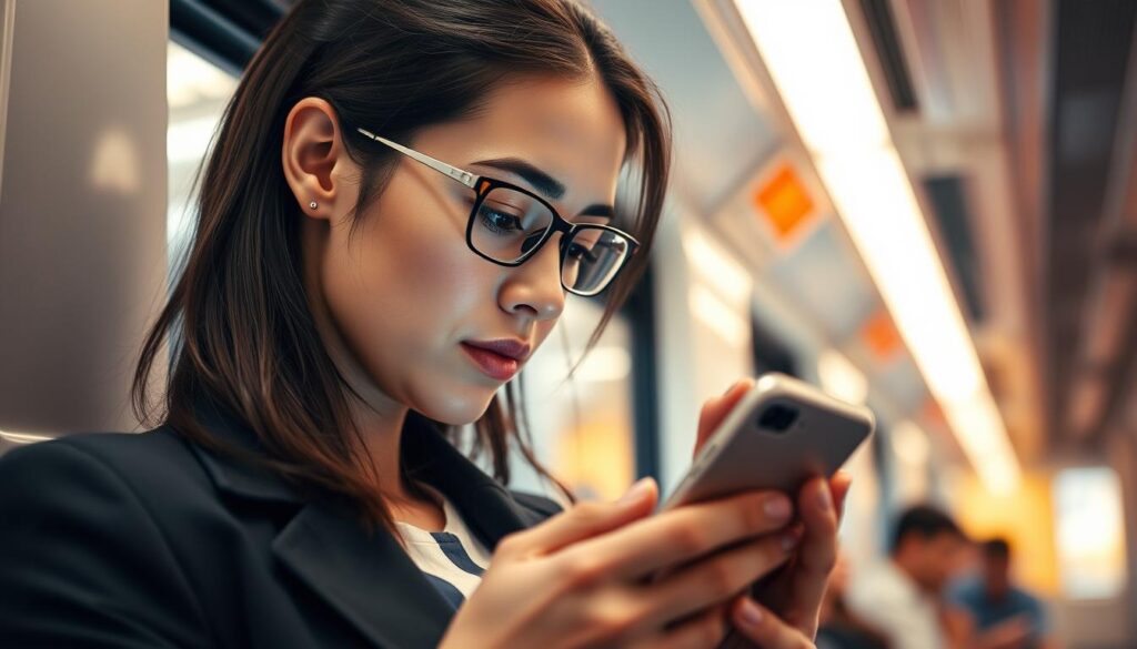 A busy professional commutes on a train, their eyes fixed on a smartphone screen, immersed in a mobile microlearning app. The carriage's warm lighting casts a soft glow, creating an atmosphere of focused productivity. The subject's face is calm and attentive, reflecting the ease of learning on the go. The background blurs, emphasizing the subject's intent concentration. Crisp, high-resolution details capture the essence of transforming a commute into a personalized classroom, where precious time is optimized for continuous growth and development.