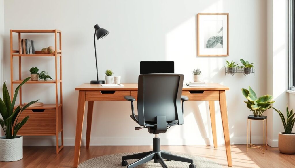 A cozy and functional remote office setup featuring a simple wooden desk, a comfortable ergonomic chair, and a sleek laptop. Warm task lighting illuminates the scene, creating a productive and inviting atmosphere. The background showcases minimalist decor, with a few potted plants and a framed artwork adding a touch of personalization. The overall design is clean, practical, and budget-friendly, reflecting the needs of a remote worker seeking an efficient and economical workspace.