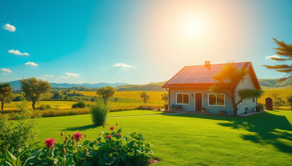 A cozy and inviting solar-powered home nestled amidst a lush, verdant landscape. A perfect blend of modern architecture and sustainable energy, with sleek solar panels adorning the rooftop, capturing the sun's abundant rays. In the foreground, a well-manicured garden thrives, showcasing a variety of vibrant, eco-friendly plants and a small, self-sustaining vegetable patch. The middle ground features a serene, expansive lawn, dotted with towering, wind-rustled trees that cast long, soothing shadows. The background depicts rolling hills and a cloudless, azure sky, bathed in a warm, golden glow, creating an atmosphere of serenity and harmony between nature and technology.