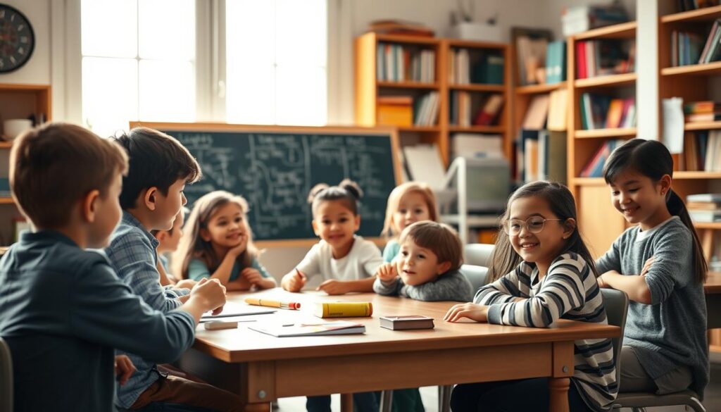 A cozy classroom scene with natural lighting and a warm, inviting atmosphere. In the foreground, a group of students of varying ages and backgrounds engaged in lively discussions and hands-on activities, their faces alight with curiosity and enthusiasm. The middle ground showcases a blackboard or whiteboard filled with thoughtful notes and diagrams, reflecting the depth of learning taking place. In the background, bookshelves and educational tools create a sense of intellectual stimulation and a well-equipped learning environment. The overall composition conveys the benefits of traditional learning, such as face-to-face interaction, personalized guidance, and a structured, immersive educational experience.