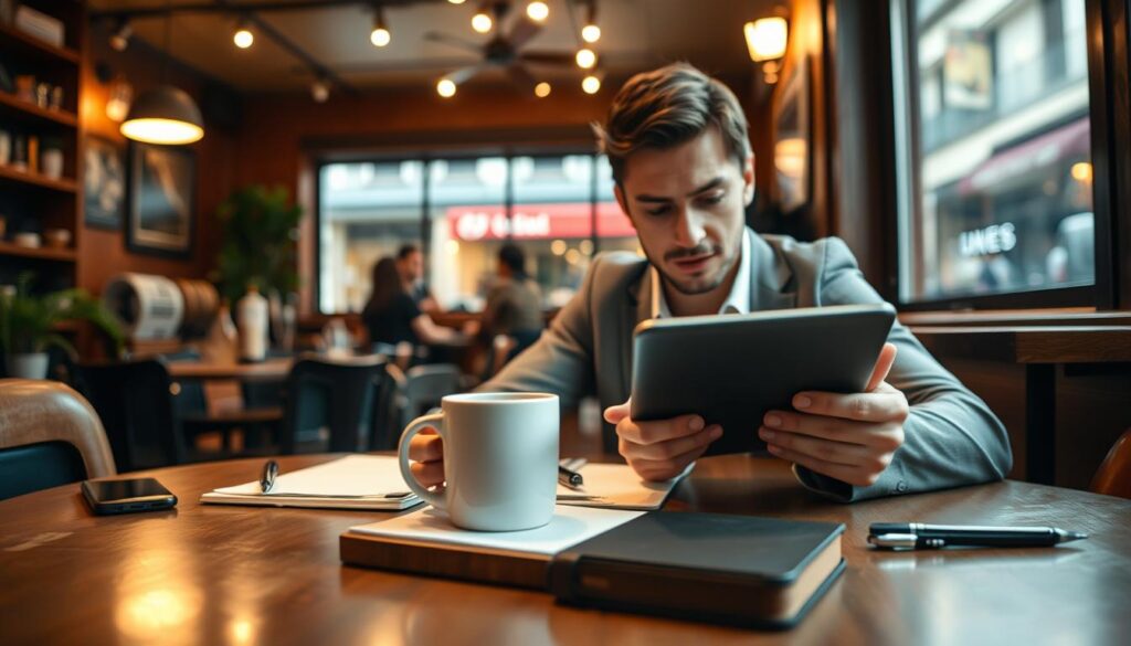 A cozy coffee shop interior with a professional working on a tablet during their break. The middle-ground features a well-lit table with a steaming mug, a notepad, and various office supplies. In the foreground, the employee's hands are focused on the tablet, brow furrowed in concentration. The background showcases the cafe's warm, inviting atmosphere, with soft lighting, wooden accents, and the hint of a bustling city street outside the window. The scene conveys a sense of productive downtime, where a busy professional is able to enhance their skills during a brief respite.
