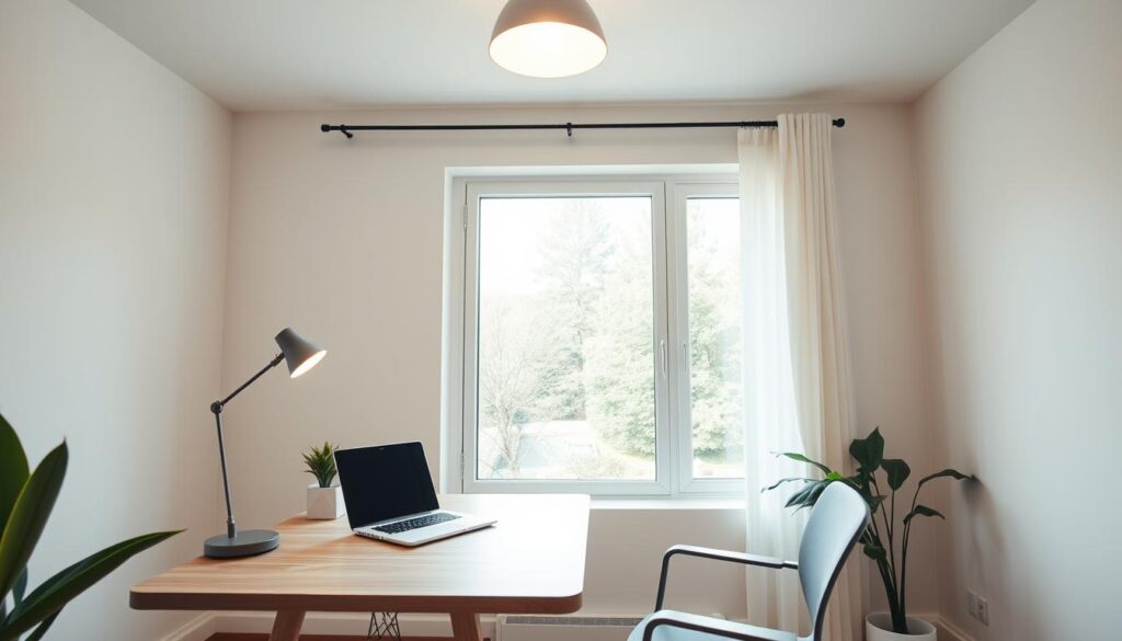 A cozy home office setup with a minimalist wooden desk, a sleek laptop, and a small potted plant. The desk is positioned near a large window, allowing natural light to flood the space. The walls are painted a warm, neutral color, creating a calming and inviting atmosphere. The lighting is a combination of soft, indirect overhead lighting and a small desk lamp, casting a gentle glow. The angle of the camera is slightly elevated, showcasing the simplicity and functionality of the setup. The overall mood is one of productivity and relaxation, perfect for a remote worker on a budget.