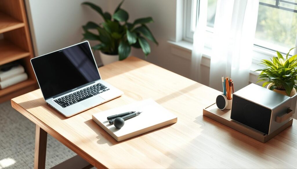 A cozy home office setup with a minimalist wooden table, a sleek laptop, and a vibrant potted plant. Soft natural lighting filters through the window, casting a warm glow over the workspace. On the table, a simple desk organizer holds essential stationery, a stylish pen, and a pair of compact speakers. The room is uncluttered, with clean lines and a muted color palette that promotes focus and productivity. The overall atmosphere is one of efficiency and understated elegance, reflecting the "budget-friendly workspace essentials" theme.