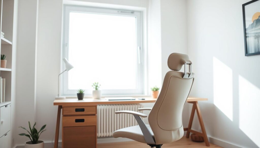 A cozy home office setup with a sleek, ergonomic chair positioned in a bright, airy room. The chair has a high-back design and plush, supportive cushions in a neutral tone, complementing the minimalist decor. Soft, diffused lighting from a large window creates a warm, productive atmosphere, while a simple wooden desk and a few potted plants add subtle natural elements. The overall scene conveys a sense of comfort and efficiency, perfect for an affordable yet professional telecommuting experience.