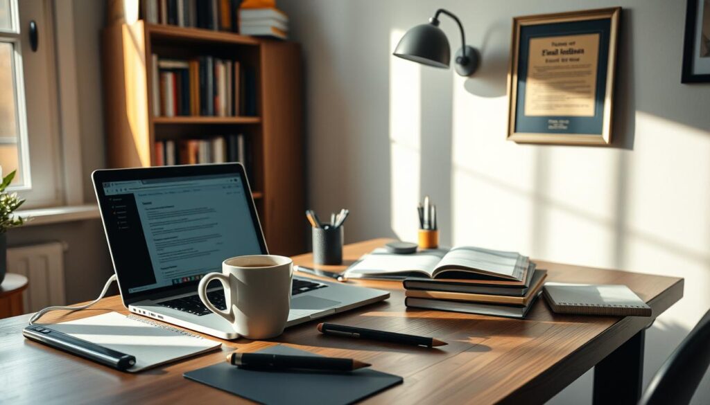 A cozy home office workspace with an open laptop, a mug of coffee, and various productivity tools arranged neatly on a wooden desk. Soft, natural lighting filters through a nearby window, casting a warm glow on the scene. In the background, a bookshelf filled with academic texts and a framed diploma hint at the scholarly context. The overall atmosphere conveys a sense of focus, inspiration, and academic success facilitated by the AI writing tools on display.