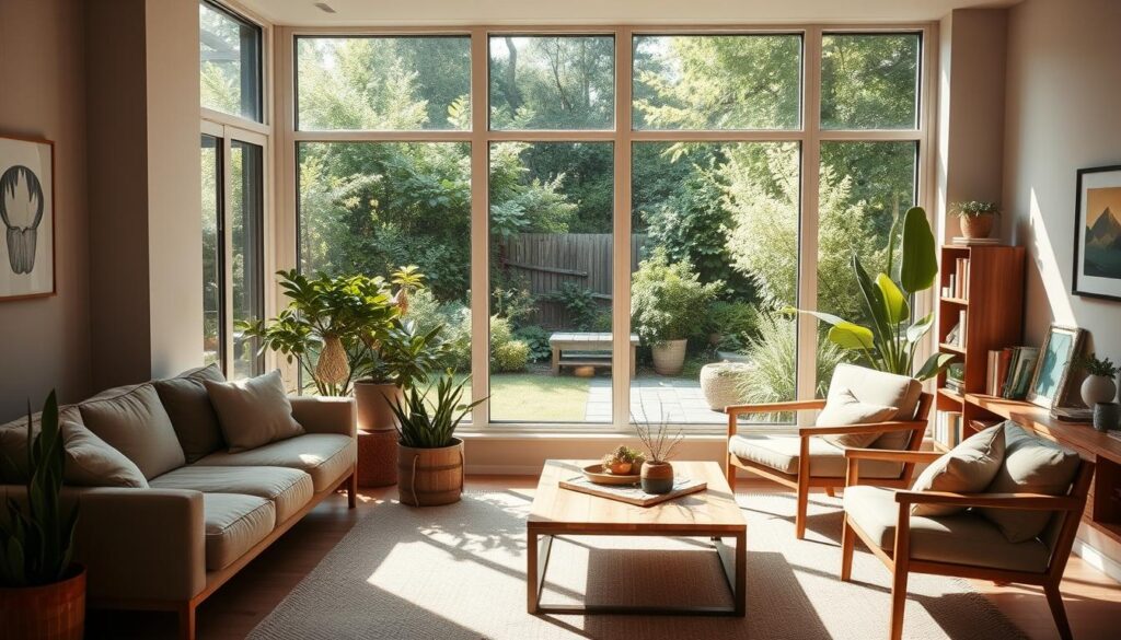 A cozy living room with large windows overlooking a lush, verdant backyard. Soft natural light filters in, casting a warm glow on the room. Minimalist furniture in earthy tones - a plush sofa, a wooden coffee table, and a pair of armchairs. Potted plants and a hanging succulent add pops of greenery. The walls are adorned with simple, nature-inspired artwork. A small bookshelf holds a collection of sustainable living guides. The overall atmosphere is calming, inviting, and reflects a commitment to simple, eco-friendly living.
