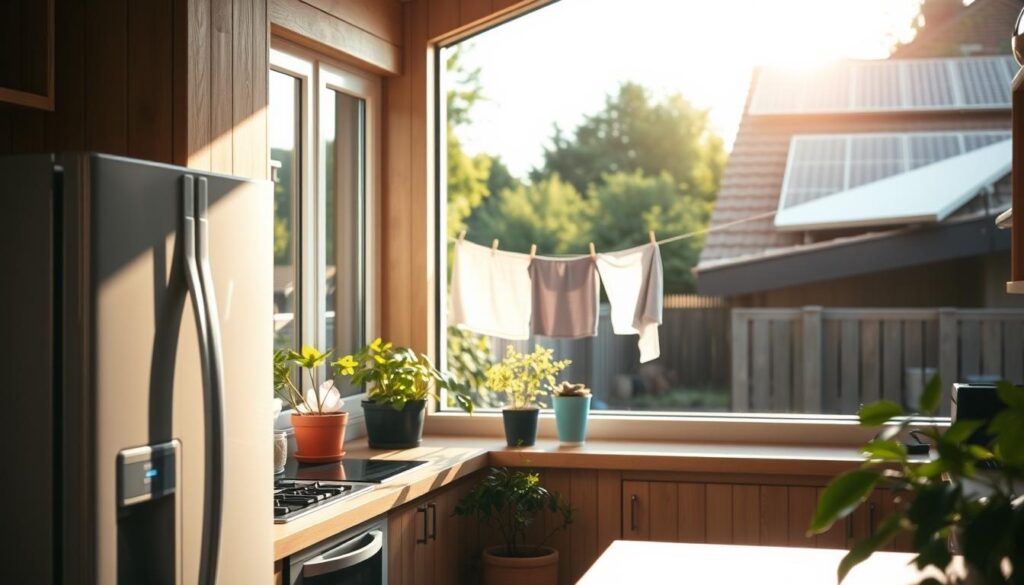 A cozy, sun-dappled kitchen showcasing sustainable energy practices. In the foreground, an energy-efficient appliance, its sleek lines and muted tones complementing the natural wood cabinets. A large window behind casts a warm glow, illuminating a row of potted plants thriving on the sill. In the middle ground, a clothesline sways gently, drying laundry in the gentle breeze. The background features a verdant backyard, with a solar panel array discreetly mounted on the roof, harnessing the sun's power. The overall scene radiates a sense of tranquility and environmental consciousness, capturing the essence of low-tech, sustainable living.