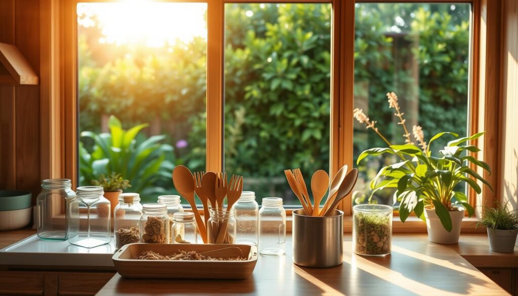 A cozy, well-lit kitchen with natural wood accents and a bright, airy atmosphere. On the countertop, a variety of reusable, eco-friendly household items are neatly arranged - glass jars, bamboo utensils, and a compost bin. In the background, a large window overlooks a lush, verdant garden, bathed in warm, golden sunlight. The overall scene conveys a sense of simplicity, sustainability, and mindful living, reflecting the "Eco-Friendly Habits Budget" theme.