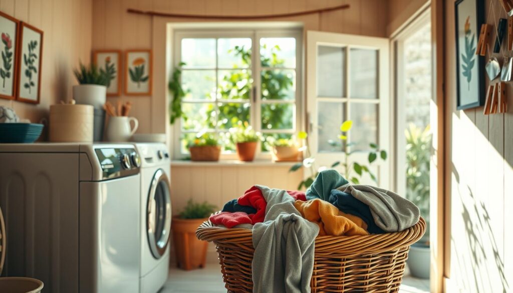 A cozy, well-lit laundry room with a vintage-inspired washing machine and clothes line. In the foreground, a wicker basket overflows with freshly cleaned, colorful clothing items. In the middle ground, a window overlooking a lush, thriving garden, with sunlight streaming in. On the walls, framed botanical prints and a clothespin display. The room has a warm, inviting atmosphere, conveying a sense of eco-friendly, sustainable living. The image is captured with a wide-angle lens, highlighting the harmonious integration of practical laundry tasks with natural, organic elements.