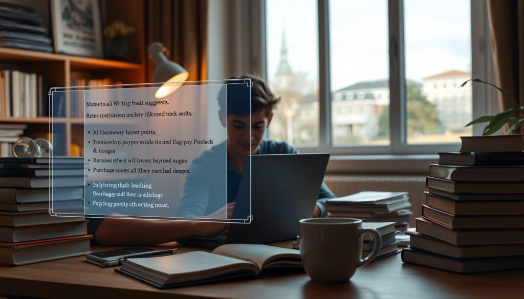 A cozy, well-lit study scene with a student working intently on a laptop, surrounded by stacks of books and a cup of coffee. In the foreground, a holographic interface displays AI-generated writing suggestions, highlighting key points and offering grammar/style improvements. The background features a large window overlooking a serene campus, conveying a sense of academic focus and productivity. The lighting is warm and inviting, with a soft, natural glow illuminating the student's workspace. The camera angle is slightly elevated, capturing the scene from an unobtrusive, third-person perspective.