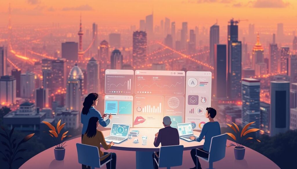A creative and vibrant digital illustration depicting the integration of AI into social media planning. In the foreground, a diverse team of social media managers and digital marketers collaborate around a holographic display, analyzing data and strategizing content. In the middle ground, a sleek, futuristic social media dashboard showcases AI-powered analytics, scheduling, and optimization tools. The background is a dynamic cityscape, representing the interconnected, global nature of social media platforms. Warm lighting and a subtle color palette convey a sense of innovation, collaboration, and the seamless fusion of human expertise and artificial intelligence.