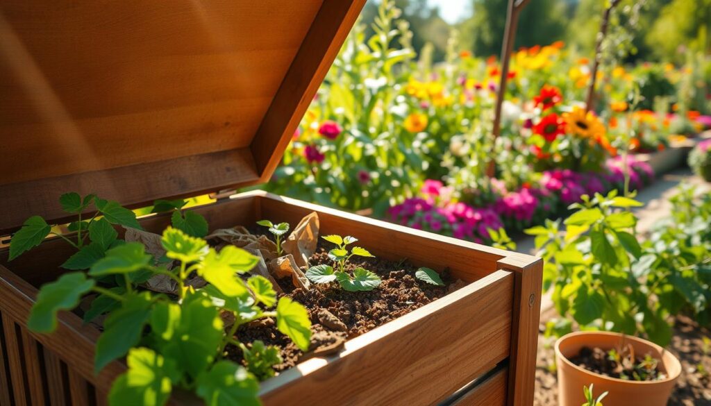 A detailed, well-designed home composting system set against a vibrant green garden backdrop. In the foreground, a large wooden bin with intricate slats, its contents neatly layered with organic waste and compost. Sunlight filters through the open lid, casting a warm glow. In the middle ground, lush, thriving vegetable plants sway gently, their leaves shimmering. The background features a neatly tended garden, bursting with colorful flora and fauna, creating a serene, natural atmosphere. The entire scene is captured with a wide-angle lens, conveying a sense of harmony and eco-friendly living.