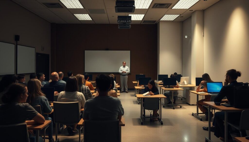 A dimly lit classroom, contrasting with a brightly lit, minimalist workspace. In the classroom, a teacher stands before rows of students, all facing forward. In the workspace, individuals work independently at compact desks, absorbed in their tasks. The classroom scene exudes a traditional, formal atmosphere, while the workspace evokes a modern, agile learning environment. Soft, warm lighting illuminates the classroom, while the workspace is bathed in cool, natural light. The composition highlights the fundamental differences between microlearning and traditional learning, emphasizing the self-directed, flexible nature of the former and the structured, teacher-centric approach of the latter.