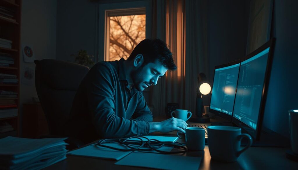A dimly lit home office, the glow of multiple digital screens casting a hazy, blue-tinted light across a tired, hunched figure. Tangled cables snake across the desk, symbolizing the digital tether that binds the remote worker to their devices. Stacks of unread papers and half-empty coffee mugs suggest hours of uninterrupted work, devoid of balance or respite. An open window in the background offers a glimpse of the outside world, a stark contrast to the isolating digital landscape. The scene conveys a sense of digital dependence, the remote worker lost in a web of notifications, emails, and endless deadlines, their connection to the physical world fading. Cinematic lighting, a shallow depth of field, and a moody, muted color palette evoke a palpable atmosphere of burnout and disconnection.