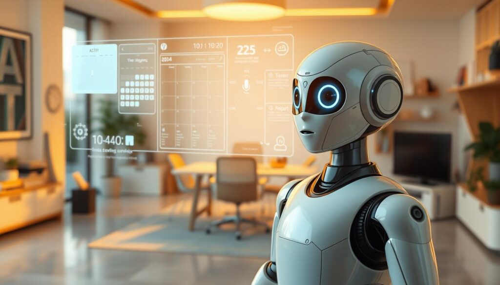 A futuristic and dynamic arrangement of AI-powered time-saving tools, bathed in a warm, golden light. In the foreground, a sleek digital assistant robot, its eyes glowing with intelligence, stands ready to assist. Behind it, a holographic calendar, schedules, and to-do lists hover in the air, easily manageable with voice commands. In the background, a panoramic view of a modern, intelligent home office, with smart devices and automation systems seamlessly integrated. The overall scene conveys a sense of efficiency, productivity, and the transformative power of AI in simplifying daily tasks.