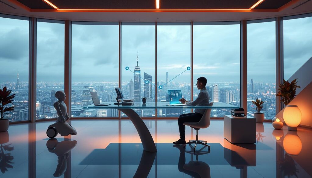 A futuristic office space with sleek, minimalist design. In the foreground, a remote worker sits at a floating, transparent desk, using a holographic display and interacting with virtual AI assistants. The middle ground features robotic assistants and autonomous devices, seamlessly integrated into the workspace. The background showcases floor-to-ceiling windows, offering a panoramic view of a bustling, high-tech city skyline. Warm, indirect lighting casts a soft glow, and the entire scene conveys a sense of efficiency, productivity, and the seamless integration of AI-powered tools in the future of remote work.