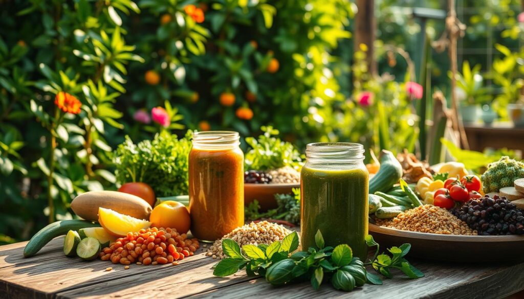 A lush garden bursting with vibrant, verdant foliage serves as the backdrop for a vibrant and nourishing plant-based feast. Carefully arranged on a rustic wooden table, an assortment of fresh produce, whole grains, and legumes create a visually appealing and appetizing spread. Warm, soft lighting casts a natural glow, highlighting the textures and colors of the ingredients. In the foreground, a glass jar filled with a colorful smoothie or juice stands as a testament to the abundance and health benefits of a plant-based diet. The overall atmosphere conveys a sense of balance, sustainability, and a deep connection to the natural world.