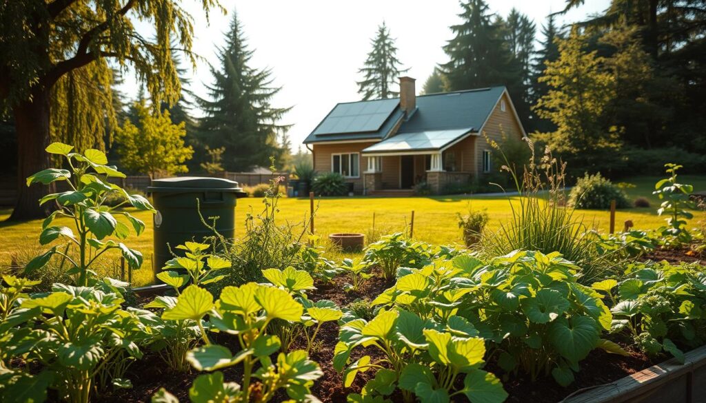 A lush, organic home garden thriving in a natural, eco-friendly setting. In the foreground, a variety of vibrant vegetable plants and herbs grow in raised garden beds, their leaves rustling gently in the soft breeze. In the middle ground, a compost bin sits unobtrusively, its contents nourishing the soil. The background features a charming, energy-efficient home with solar panels on the roof, surrounded by towering trees and a verdant lawn. The scene is bathed in warm, golden sunlight, creating a serene, inviting atmosphere. The overall impression is one of sustainable, harmonious living in balance with nature.