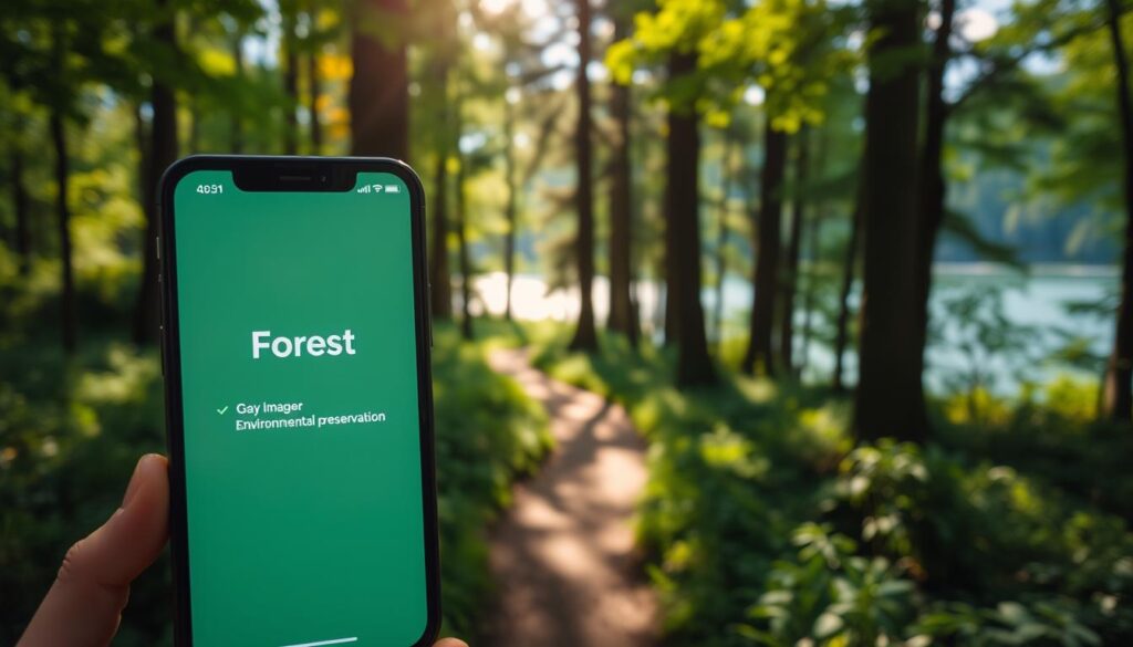 A lush, verdant forest setting with sunlight filtering through the canopy, creating a warm, natural ambiance. In the foreground, a sleek, minimalist mobile device display showcases the "Forest" app interface, its design emphasizing environmental preservation through a serene, nature-inspired aesthetic. The app's logo and key features are prominently displayed, subtly conveying its purpose of promoting digital well-being and environmental impact. The middle ground features a winding forest path, inviting the user to disconnect and immerse themselves in the natural surroundings. In the background, towering trees and a tranquil lake create a sense of depth and serenity, complementing the app's overall theme of reconnecting with nature. The lighting is soft and natural, enhancing the calming atmosphere.