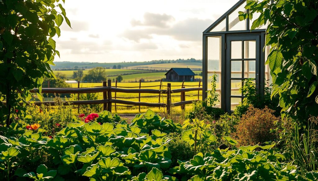 A lush, verdant garden fills the foreground, a diverse array of thriving vegetables and herbs. Sunlight filters through wispy clouds, casting a warm, golden glow over the scene. In the middle ground, a small, rustic greenhouse stands, its glass panels reflecting the vibrant foliage. A wooden fence frames the garden, and beyond it, a picturesque rural landscape unfolds, with rolling hills and a distant, weathered barn. The overall atmosphere is one of tranquility, sustainability, and a connection to the natural world.