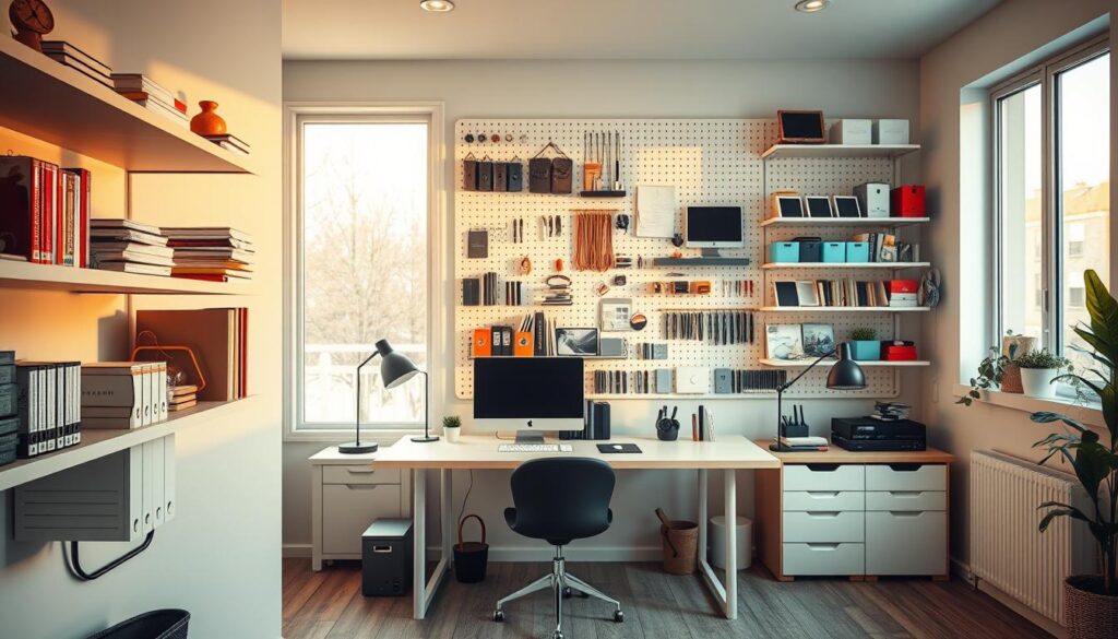 A minimalist home office with smart, space-saving storage solutions. In the foreground, sleek floating shelves with neatly organized folders, books, and knick-knacks. The mid-ground features a modular desk with integrated drawers and cable management. In the background, a wall-mounted pegboard system displays various compartments, hooks, and organizers, creating a visually appealing and highly functional workspace. Warm, natural lighting filters through large windows, casting a cozy, productive atmosphere. The overall composition emphasizes efficiency, organization, and a clutter-free, inspiring environment.