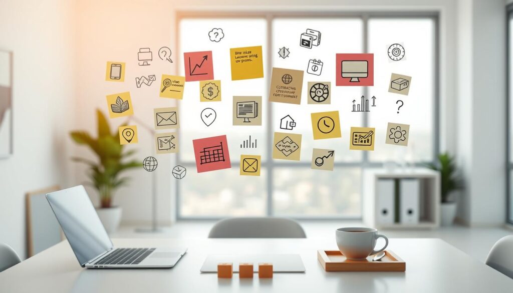 A minimalist office setting with an array of sticky notes, icons, and infographic elements hovering in mid-air, showcasing various microlearning strategies. The scene is bathed in soft, natural lighting from a large window, creating a calming, focused atmosphere. The foreground features a clean, uncluttered desk with a laptop, a cup of coffee, and a few tactile learning aids like small blocks or cubes. The middle ground is occupied by the floating visual cues, such as bite-sized lessons, video thumbnails, and interactive quizzes, all arranged in an intuitive and engaging layout. The background blurs into a serene, slightly out-of-focus workspace, emphasizing the core ideas of microlearning: concise, flexible, and easily accessible.