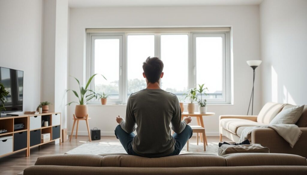 A minimalist, well-organized living room with natural lighting. In the foreground, a person sits cross-legged on a couch, lost in thought, surrounded by a few carefully curated belongings. The middle ground showcases a large window overlooking a serene outdoor scene, with potted plants and a modest, clutter-free table. The background features a plain, calming wall color, emphasizing the sense of simplicity and mindfulness. The overall mood is one of quiet contemplation and intentional living, reflecting the concept of conscious consumerism.