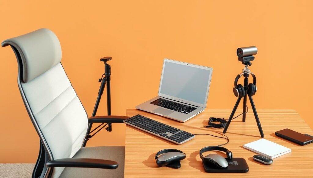 A neatly organized desk against a warm, minimalist backdrop. In the foreground, an ergonomic office chair, a modern laptop, a clean mouse and keyboard. Beside them, a sleek webcam perched atop a sturdy tripod, ready to capture video calls. Scattered around, essential tools for remote work: a noise-cancelling headset, a compact document scanner, and a wireless charging pad. Soft, natural lighting illuminates the scene, creating a sense of productivity and focus. Captured with a wide-angle lens to showcase the harmonious layout, this image embodies the tools needed for a successful remote work setup.
