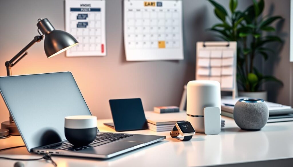 A neatly organized office desk with various AI-powered tools and devices prominently displayed. The foreground features a sleek laptop, a digital assistant, and a stylish tablet, all subtly illuminated by the warm glow of a task lamp. The middle ground showcases a smartwatch and a voice-controlled smart speaker, while the background is filled with a minimalist wall calendar and a potted plant, evoking a sense of productivity and focus. The composition is captured with a shallow depth of field, emphasizing the key AI tools in a crisp, professional manner. The overall mood is one of efficiency, innovation, and the seamless integration of technology into daily work life.