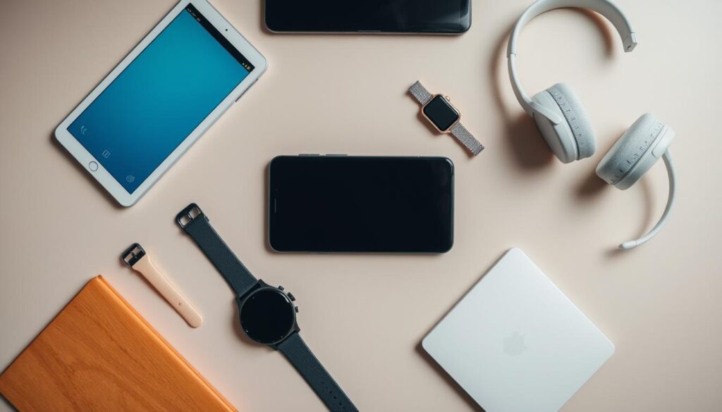 A neatly organized workspace with various digital wellbeing tools, including a smartphone, tablet, smartwatch, and noise-cancelling headphones. The tools are arranged in a symmetrical layout, with the smartphone in the center, surrounded by the other devices. The lighting is soft and diffused, creating a calming atmosphere. The background is a muted, neutral tone, allowing the focus tools to stand out. The composition suggests a sense of control and organization, conveying the idea of using technology to improve focus and productivity.