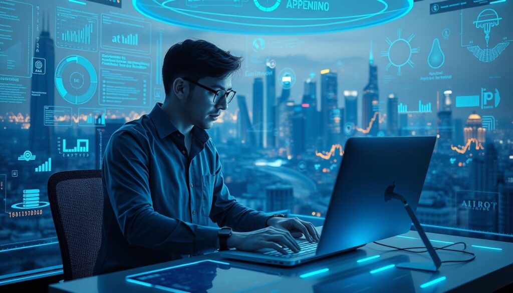 A professional developer immersed in a futuristic digital landscape, surrounded by holographic interfaces, pulsing data streams, and AI-powered analysis tools. Soft blue lighting casts an ethereal glow, while a sleek, minimalist workstation dominates the foreground. Subtle, adaptive UI elements respond to the developer's movements, tailoring the experience to their unique needs and preferences. In the background, a cityscape of towering skyscrapers and advanced infrastructure hints at the powerful AI infrastructure that powers this personalized professional development ecosystem.