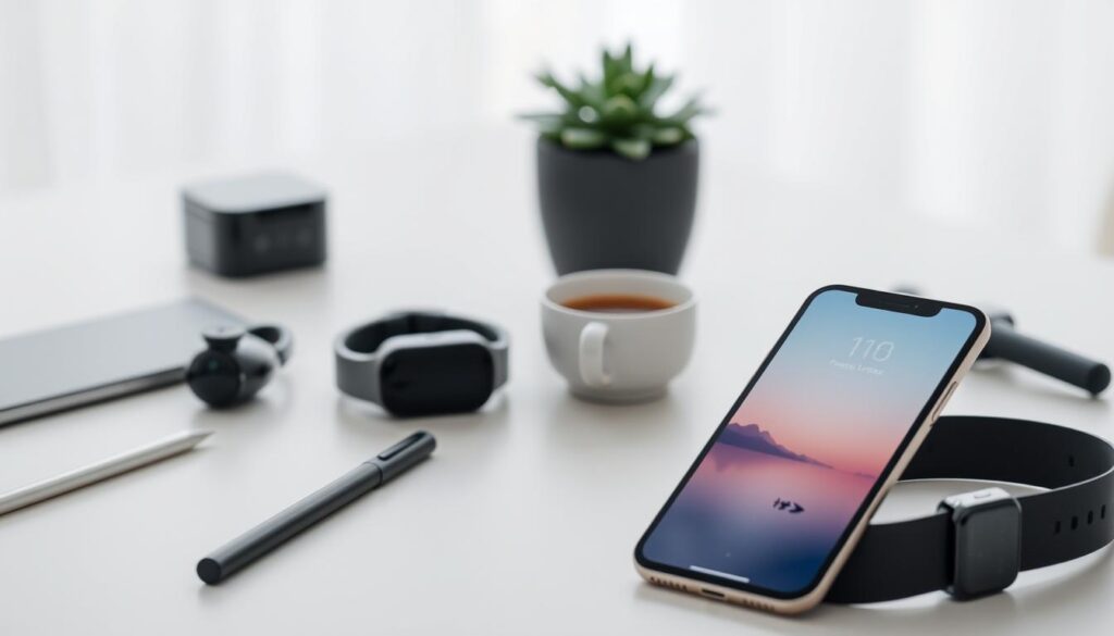 A serene and minimalist digital interface showcases a collection of sleek, user-friendly apps designed to facilitate digital detox. In the foreground, a smartphone screen displays a calming nature scene, its colors muted and softened. Surrounding the device, various digital tools and accessories, such as a stylus, wireless headphones, and a smartwatch, are neatly arranged, suggesting a balanced relationship between technology and wellbeing. The middle ground features a simple, clean desk or workspace, with a potted plant and a cup of tea or coffee, creating a sense of tranquility. The background is blurred, hinting at a peaceful, distraction-free environment, perhaps a home office or a cozy corner. The overall mood is one of mindfulness, control, and a harmonious integration of digital and analog elements.