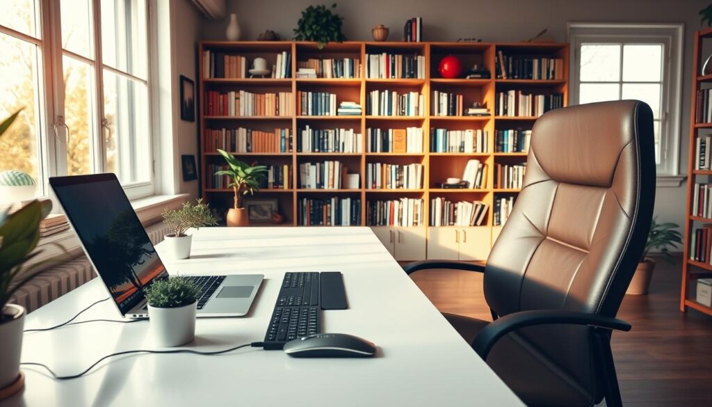 A serene home office setup, bathed in warm, natural lighting from large windows. A sleek, minimalist desk with a laptop, wireless keyboard and mouse, and a potted plant adding a touch of greenery. In the background, bookshelves line the walls, filled with knowledge and inspiration. The space exudes a sense of focus and productivity, with a cozy, inviting atmosphere that encourages deep work and mindful digital engagement. A comfortable, high-backed chair completes the scene, ready to support long hours of creative flow. The overall composition conveys a harmonious, distraction-free digital environment, primed for improved focus and digital wellbeing.