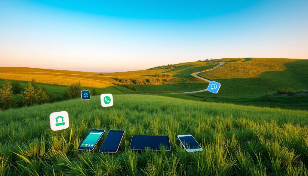 A serene meadow with lush greenery and a clear blue sky, illuminated by warm, natural lighting. In the foreground, a group of digital detox apps float gently, their icons and interfaces rendered in a minimalist, calming style. The middle ground showcases a variety of devices, including smartphones, tablets, and laptops, all disconnected and resting peacefully. In the background, a winding path leads to a distant horizon, symbolizing the journey towards digital liberation. The overall atmosphere evokes a sense of tranquility, inviting the viewer to embrace the benefits of a digital detox.