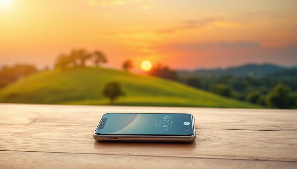 A serene, minimalist digital landscape bathed in warm, diffused natural light. In the foreground, a smartphone rests on a wooden table, its screen displaying a calming meditation or mindfulness app. The middle ground features a serene, rolling green hill dotted with lush trees, symbolizing the harmony between technology and nature. In the background, a glowing sunset paints the sky with vibrant hues, emphasizing the importance of balance and well-being in the digital age. The composition is crisp, with a shallow depth of field that focuses the viewer's attention on the central smartphone and its meaningful purpose. The overall mood is one of tranquility, introspection, and the recognition of digital health as a crucial aspect of modern life.