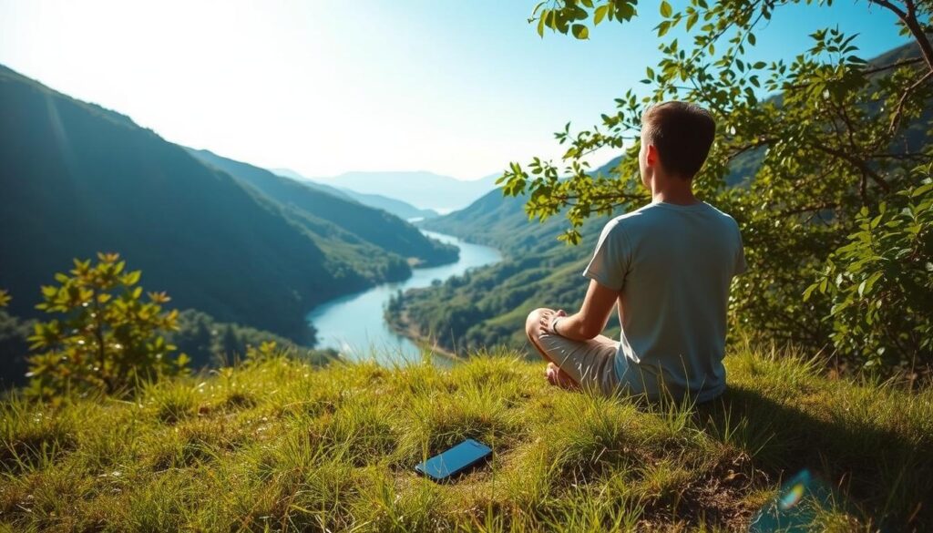 A serene natural landscape, with a person sitting cross-legged on a grassy knoll, surrounded by lush vegetation and a clear blue sky. The person is looking away from a smartphone, which lies discarded on the ground, symbolizing a digital detox. Soft, warm lighting filters through the leaves, creating a peaceful, meditative atmosphere. In the background, a river winds through the valley, its gentle flow a soothing backdrop. The scene conveys a sense of tranquility, freedom, and the importance of disconnecting from technology to reconnect with oneself and the natural world.