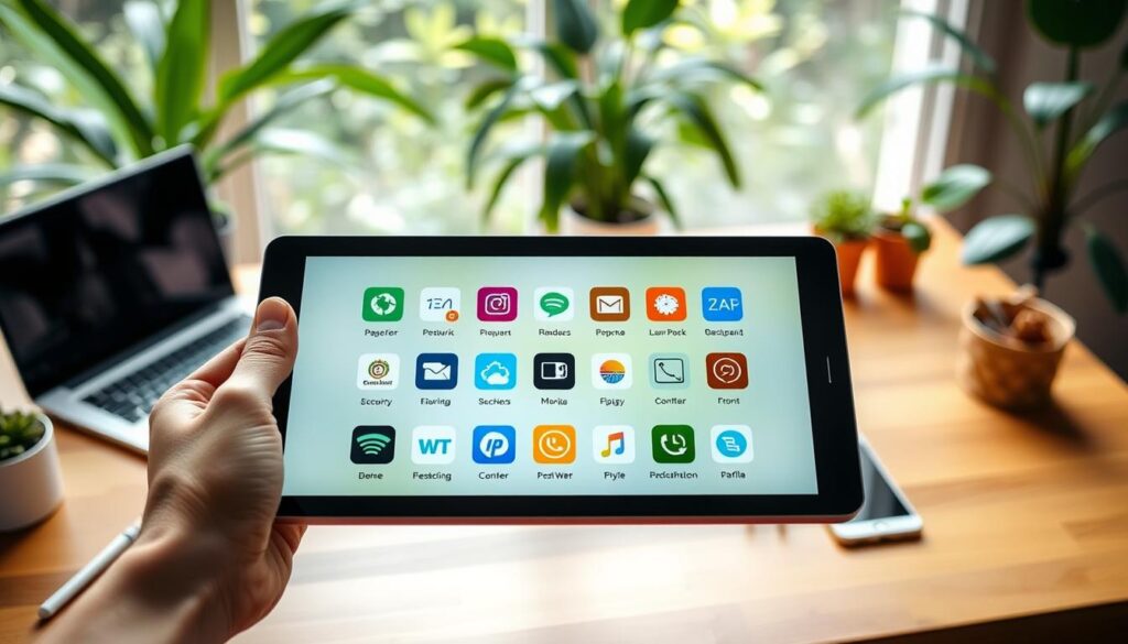 A serene office workspace with a wooden desk, a laptop, and a smartphone, all set against a backdrop of lush greenery and soft natural lighting. In the foreground, a person's hand holds a tablet displaying various digital detox app icons, inviting the viewer to explore options for a balanced digital lifestyle. The composition emphasizes the harmony between technology and nature, with the digital detox app serving as a bridge between the two. The overall atmosphere is calming and inspiring, reflecting the theme of the article's section on choosing the best digital detox app.