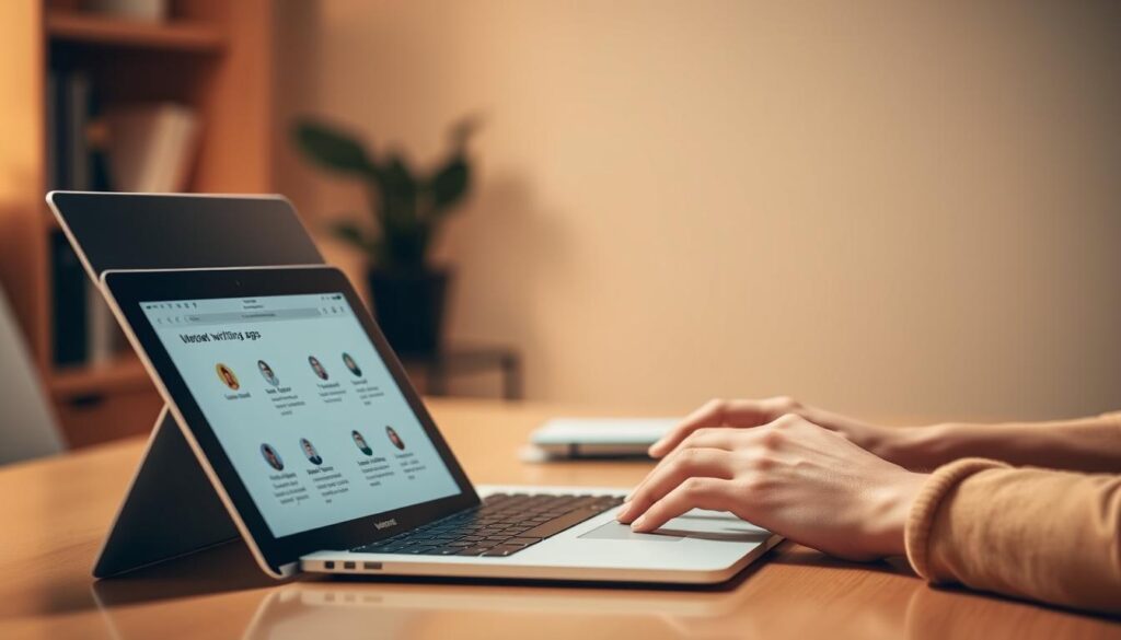 A serene study workspace with a sleek laptop, a digital tablet displaying writing app features, and a pair of hands typing on the keyboard. The lighting is warm and subdued, creating a cozy, focused atmosphere. The background blurs into a softly lit, minimalist interior, emphasizing the technological tools at the center of the composition. The image conveys the efficiency and versatility of AI-powered writing apps for students, seamlessly integrating digital and analog elements.