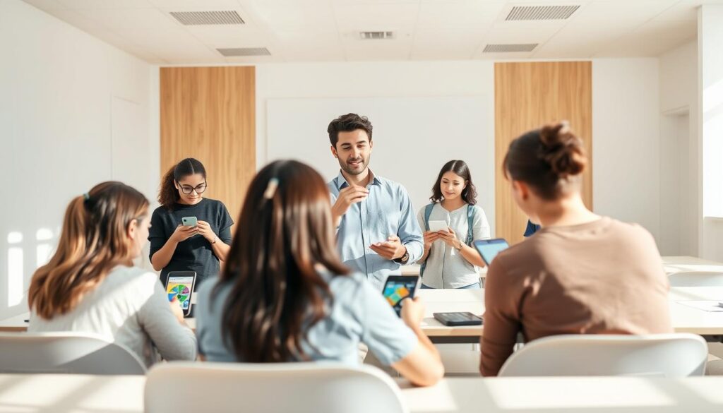 A serene, sun-drenched classroom with a group of students engrossed in their mobile devices, each immersed in a concise, visually engaging lesson. The foreground features a central figure, a young professional, gesturing animatedly as they guide the learners through the material. In the middle ground, colorful infographics and interactive content are displayed on the students' screens, facilitating efficient knowledge acquisition. The background showcases a modern, minimalist space with clean lines and natural wooden accents, creating a distraction-free environment conducive to focused learning. Soft, diffused lighting bathes the scene, evoking a sense of calm and productivity. The overall composition conveys the advantages of microlearning: flexibility, personalization, and the ability to maximize learning outcomes in short, digestible sessions.