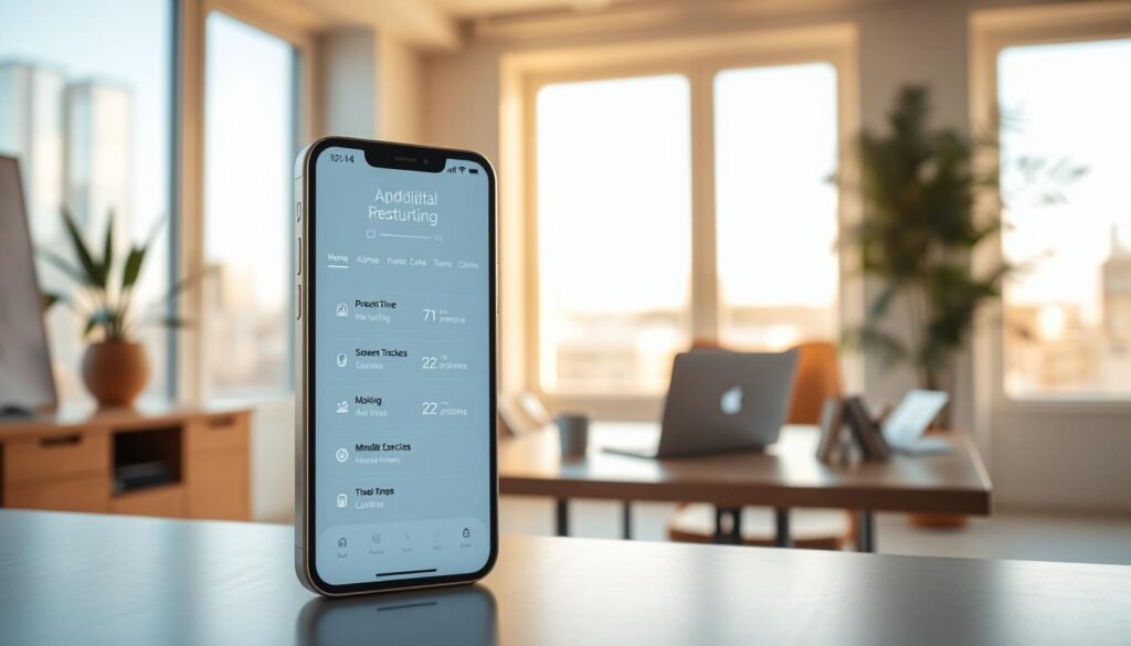A serene, well-lit office scene showcasing the key features of a digital wellbeing app. In the foreground, a smartphone displays a clean, intuitive interface with customizable productivity tools, screen time trackers, and mindfulness exercises. In the middle ground, a desk with a laptop, plant, and minimal decor creates a calming, distraction-free workspace. The background features large windows that flood the room with warm, natural light, reflecting the app's focus on balance and digital wellness. The overall composition conveys a sense of tranquility and focus, highlighting how the app's features can enhance productivity and mental clarity.