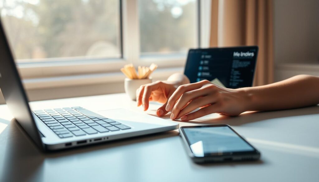 A serene workspace with a laptop, smartphone, and thoughtfully arranged digital wellbeing apps. Warm lighting filters through a large window, casting a cozy glow. The user's hands gently interact with the devices, customizing settings and controls. Minimalist icons and interfaces invite deeper personalization. A sense of calm focus pervades the scene, emphasizing the harmony between technology and personal productivity. The composition is balanced, with the user's presence implied rather than directly shown. Captured with a wide-angle lens to convey a sense of spaciousness and control.