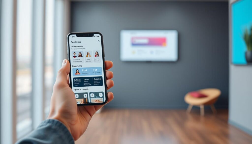 A sleek and modern mobile app interface for continuous learning, featuring a clean and intuitive dashboard. In the foreground, a hand holds a smartphone displaying various courses, lessons, and progress tracking. The middle ground showcases engaging content modules, bite-sized lessons, and interactive quizzes. The background is a blurred, minimalist environment, with soft lighting and a serene color palette conveying a sense of focus and productivity. The overall design is polished, responsive, and optimized for busy professionals seeking efficient upskilling opportunities on-the-go.