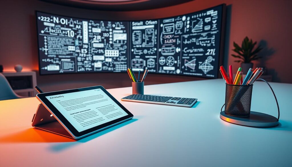 A sleek, futuristic workspace with an array of advanced writing tools for students. In the foreground, a high-tech tablet with a stylus hovers above a smooth, minimalist desk. The tablet's display shows a digital academic document, its interface intuitive and streamlined. In the middle ground, a sophisticated digital keyboard and a 3D-printed pen holder filled with an assortment of pens, pencils, and highlighters in a range of vibrant colors. The background features a large, curved wall-mounted display, its screen filled with complex equations, diagrams, and research materials - a window into the future of academic writing powered by cutting-edge AI technologies. The entire scene is bathed in a warm, directional lighting that casts dramatic shadows, creating a sense of depth and atmosphere.
