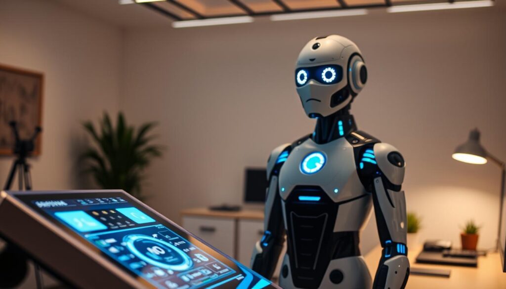 A sleek, high-tech control panel hovers in the foreground, its holographic displays and touch interfaces radiating a futuristic glow. In the middle ground, a humanoid AI assistant stands ready, its eyes shining with an intelligent, intuitive awareness. The background showcases a minimalist, efficient workspace, where seamless automation and intelligent algorithms work tirelessly to optimize productivity and save time. Soft, indirect lighting casts a warm, calming ambiance over the scene, hinting at the effortless efficiency of this time-saving AI technology.