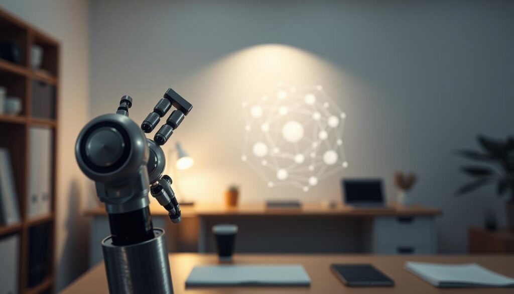 A sleek, metallic robotic arm protrudes from the foreground, its precise mechanical movements illustrating the intelligent capabilities of machine learning writing tools. In the middle ground, various abstract geometric shapes and lines converge, symbolizing the algorithms and data processing behind AI-powered writing assistance. The background depicts a softly lit, minimalist workspace, conveying a sense of focus and productivity. The overall scene suggests the seamless integration of advanced technology into the writing process, enhancing human creativity and productivity. Cinematic lighting and a shallow depth of field add depth and a sense of artistic refinement to the image.