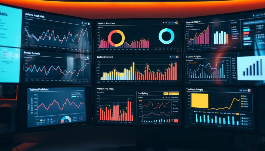 A sleek, modern dashboard display showcases vibrant analytics data for social media planning. Elegant data visualizations, including line graphs, pie charts, and bar graphs, are strategically arranged across multiple screens. Warm lighting casts a soft glow, highlighting the crisp, high-resolution graphics. The user interface is intuitive and minimalist, allowing the data to take center stage. The overall scene conveys a sense of professionalism, efficiency, and data-driven decision making, ideal for supporting a section on "AI Tools for Social Media Planning."