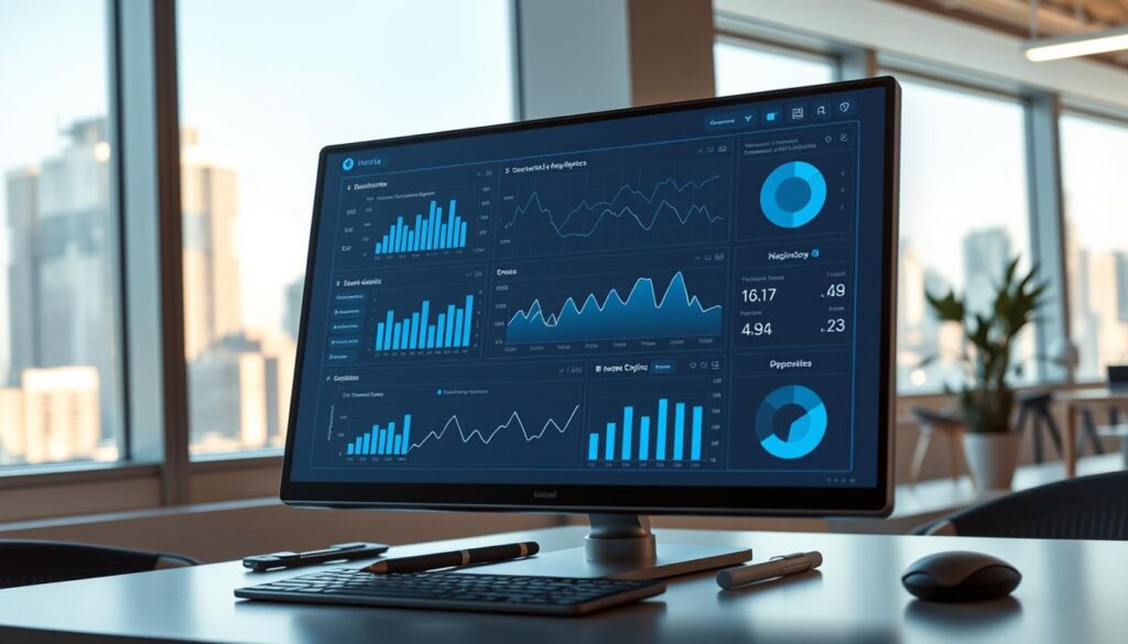 A sleek, modern data visualization dashboard showcasing real-time social media analytics powered by advanced AI algorithms. The display features a clean, minimalist interface with interactive charts, graphs, and trend visualizations dynamically updating in real-time. Muted tones of blue and gray create a professional, technical atmosphere, complemented by subtle lighting effects that cast a soft glow on the screen. The dashboard is positioned on a desk in a bright, airy office setting, with a large window overlooking a bustling cityscape in the background. The overall scene conveys the power of AI-driven social media insights to inform data-driven marketing strategies.