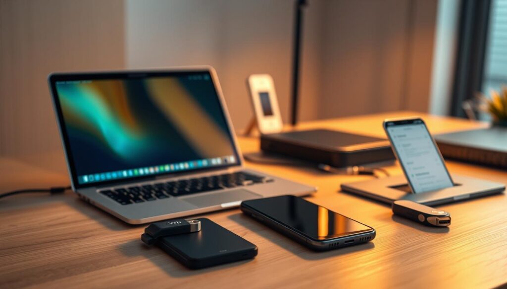 A sleek, modern office desk with a laptop, smartphone, and a selection of cybersecurity tools including a VPN router, encrypted USB drive, and password manager. Warm, directional lighting accentuates the professional, yet secure atmosphere. The scene conveys a sense of remote work productivity and digital privacy, captured with a shallow depth of field and a clean, minimalist aesthetic.